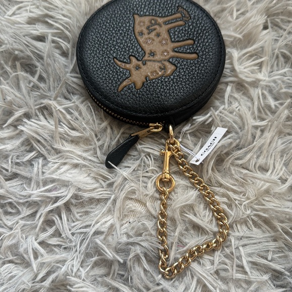 Coach Black Zodiac Capricorn Leather Coin Purse with Gold Chain - Picture 5 of 5